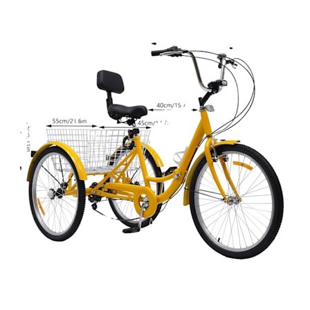 24-tums vuxentrike, justerbar sits höjd, 7-växlad växellåda,Gul