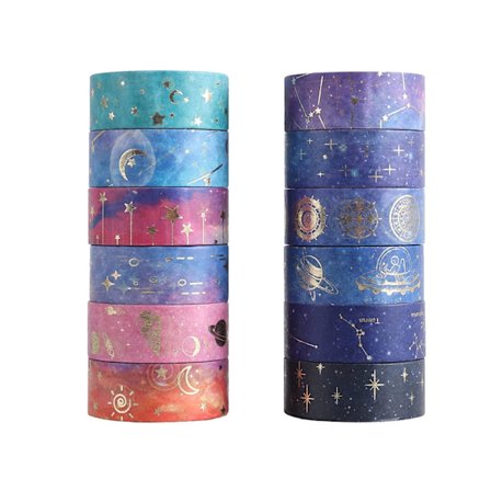 12-pack Washi-tejp, Lila Galaxy-sekvens, Pastell Scrapbooking-tejp, Estetisk Guldfolie-papperstejp, Dekaler, Perfekt för DIY
