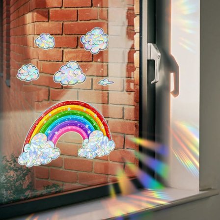 Regnbuedekorasjoner for vinduer, sommer, vindusfilm, fargerik, solfanger-klistremerker, vindusfilm, regnbuefilm, vindu, skyer og regnbue, 