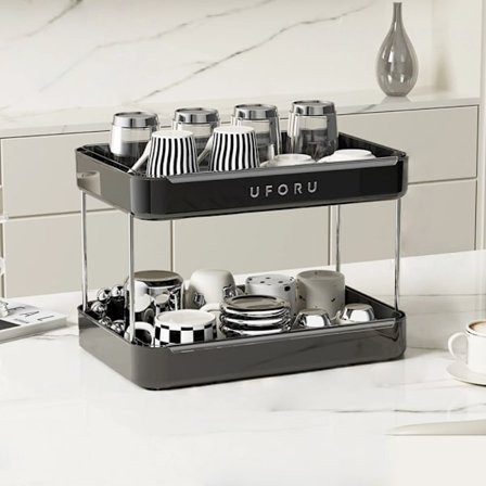 Dobbeltlags skrivebordsstativ, multifunksjonell koppholder med dryppbrett, sparer plass på kjøkkenet, hjemme og på kontoret