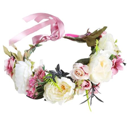 Boho Blomsterpannband Kvinnor Blommig Krona Hår Krans Blomster Huvudbonad Halo med Band Bröllop Fest Foton