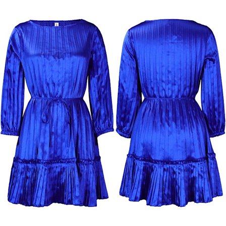 Ærmeløs Højtaljet Bæltet A-Linje Kort Kjole (Safirblå S)