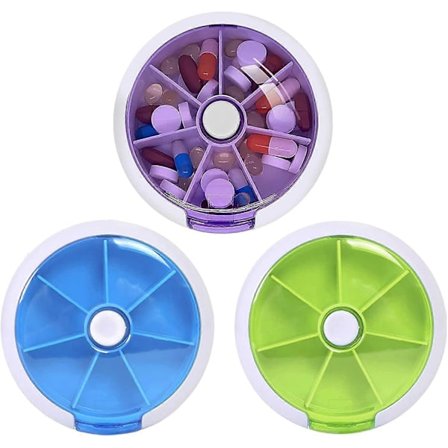 Ugentlig pilleæske, pilleæske 3 7 dages pilledispenser, roterende pilleplanlægger med knap og 7 rum (3, lilla, blå, grøn)