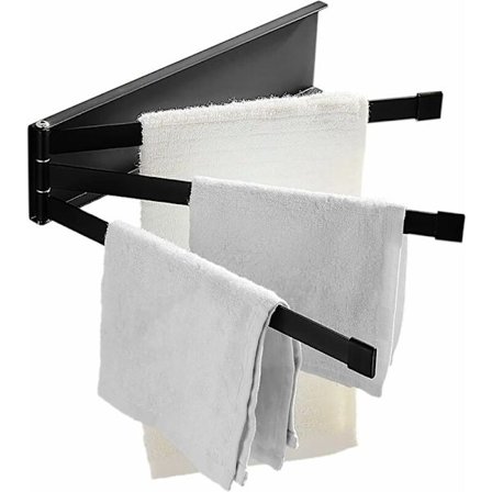 Håndklædeholder til badeværelse med 3 stænger, 180° roterende håndklædeholder til ophængning af badehåndklæder, håndklæder, viskestykker (sort)