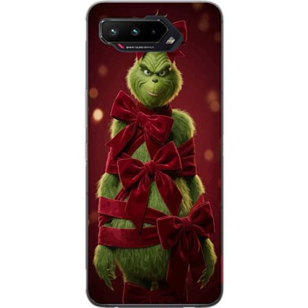 Kompatibelt Mobildeksel til Asus Asus ROG Phone 5 Grinchen figur dekorert med røde fløyelsbånd i en festlig studioinnstilling med leken og humorist