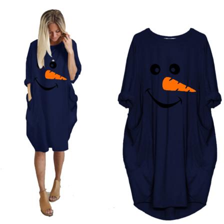 Kvinnor Julklänning Snögubbe Printed Långärmad Klänning