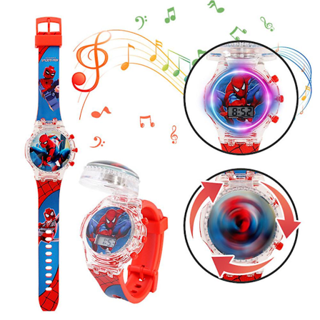 Børne Tegneserie Figur Ur Børn Blinkende Lys Lysende Digital Musikalsk Ur Snurretop Flip Cover Armbåndsur Spiderman Spiderman