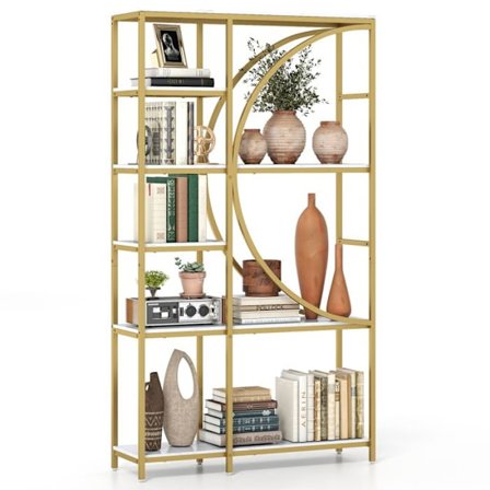 COSTWAY 6-niveau bibliotek, fritstående hylde med åbne opbevaringsrum, buet design, metalramme, stue kontor, guldet