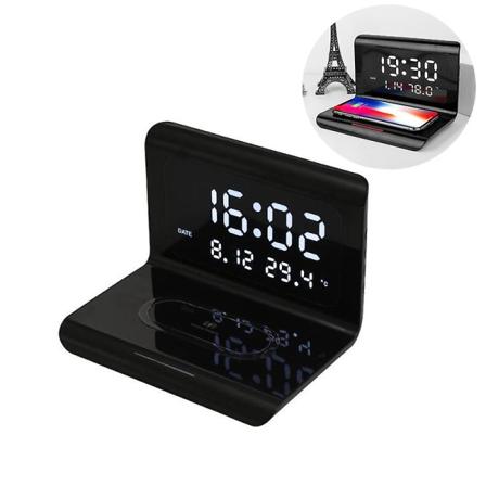 Trådløs ladestasjon med digital vekkerklokke, LED-visning av tid, temperatur og kalender, 2-i-1 hurtig trådløs lader for Apple og Samsung - Hvit