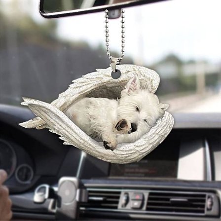 Valkoinen West Highland Terrier nukkuva enkeli siipi Westie muistomerkki 2d litteä auto takanäkymän peili tarvikkeet joulukuusen koriste koriste 