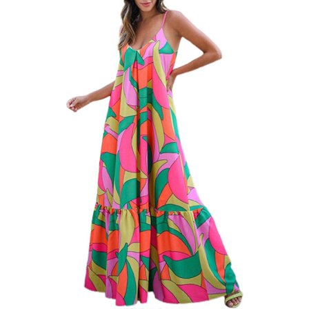 Rygløs Blomstret Lang Kjole Spaghetti Lang Kjole V-hals Sommerkjole Printet Mønster Kjole Boho-stil Kjole til Hverdag farve XL