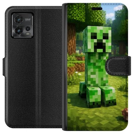 Kompatibelt Plånboksfodral till Motorola Moto G72 Block-baserad Creeper-figur i en grön pixell värld, ikonisk spelillustration för barnrum, gamers