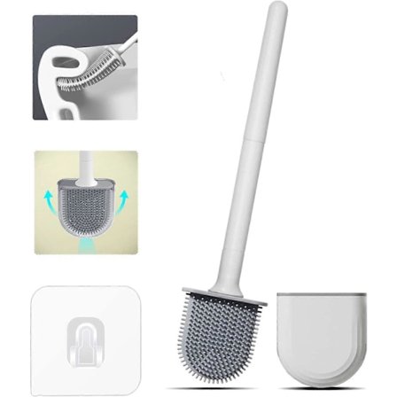 Silikon Toalettbørste med Selvklebende Holder Veggmontert Toalettbørste Sikker for Vegg Med Luftventiler og Toalettbørste for Baderom, Toalett