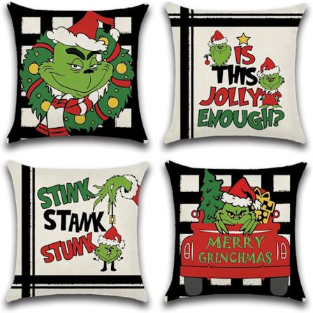 Julepuderbetræk 18x18 Sæt af 4 Pudebetræk Dekorative Pudebetræk til Landlig Hjemindretning (Glædelig Grinchmas)