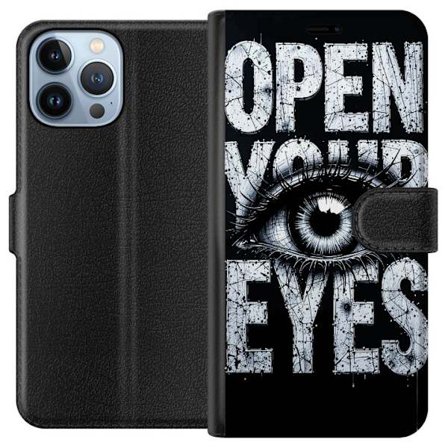 Kompatibelt Lommeboketui til Apple Apple iPhone 13 Pro Max Mørk typografisk illustrasjon med øye og teksten Open Your Eyes, sterk kontrast og rå ku