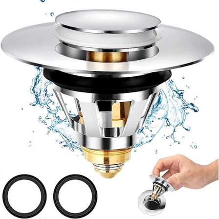 Pop-Up Diskpropp med 2 Tätningar, Universal Avloppssil för Badrum 34-38mm, Tryck-På Pop-Up Kärnfilter Avloppsskydd, Hår-/Ringfälla