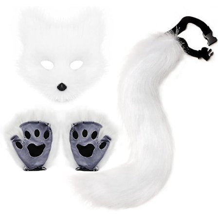 Faux pälsräv svans katt varg cosplay kostym set plysch mask fluffiga tass handskar Halloween jul