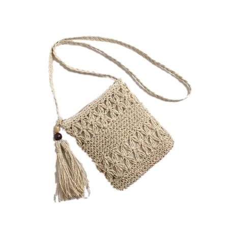 Olki Satchel -kudottu k silaukku neli n muotoinen tupsut, kudottu laukku rannalle, treffeille, beige