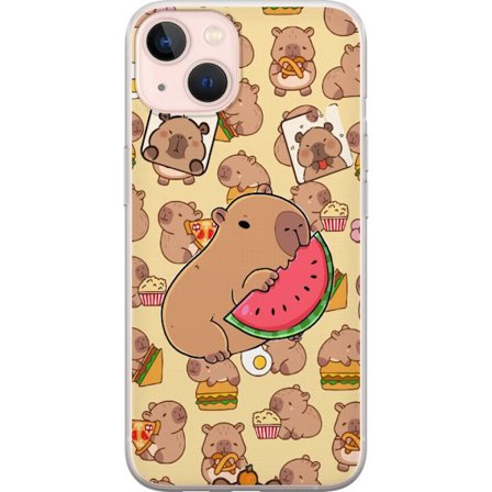 Kompatibelt Mobilskal till Apple Apple iPhone 13 mini Söt capybaror njuter av vattenmelon pizza och popcorn i en varm och lekfull design som sprider