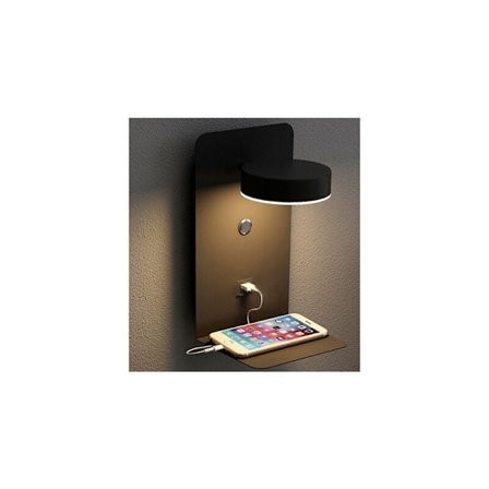 Innendørs LED-vegglampe med bryter og USB-grensesnitt, 12W - Dimbar Tri-Color-sengelampe, 90° justerbar veggleselampe med skuff - Svart KLB