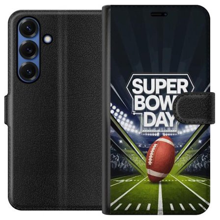Yhteensopiva Lompakkokotelo Samsung Galaxy S25+ Super Bowl Day juliste, jossa amerikkalainen jalkapallo valaistuksella varustetulla areenalla dramaatt