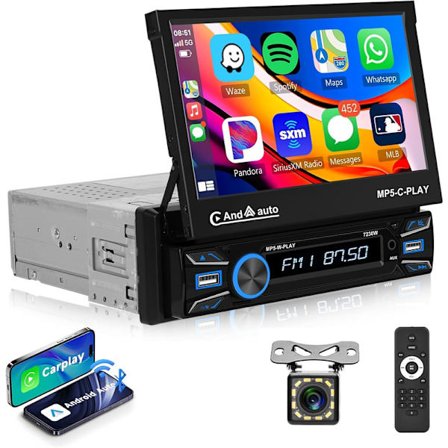 Tommers Utskjærbar Motorisert Skjerm Bilstereo med Trådløs Carplay Android Auto, Berøringsskjerm Bilradio + Kamera