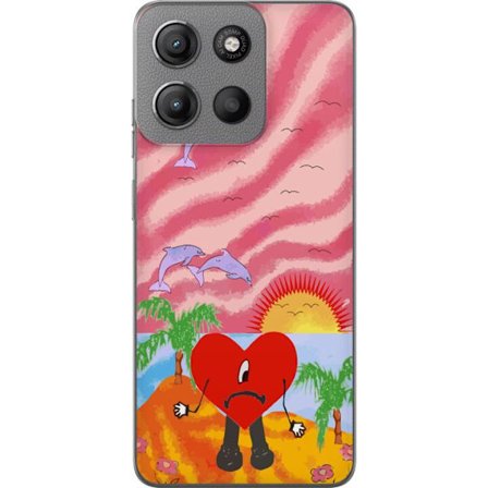 Kompatibelt Mobildeksel til Motorola Moto G15 Bad Bunny i en fargerik quiltet jakke med hjertemønster og solbriller i moderne gatestil