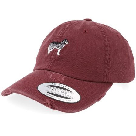 Iconic - Röd unconstructed Keps - Siberian Husky Dog Maroon Destroyed Dad Cap @ Hatstore