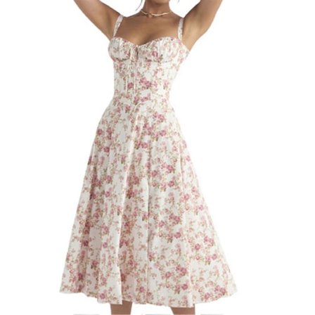 Trendigt Tryck Bustier Sommarklänning Dragsko Spets Ärmlös Klänning För Kvinnor