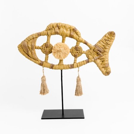 Dekorativ fiskeskulptur, 30x7x27cm, polyresin og metal