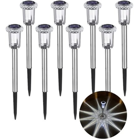 Sæt med 8 solcelledrevne havelamper i rustfrit stål
