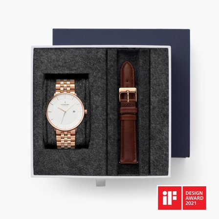 Nordgreen - Designer Uhr in Roségold - Philosopher - SET Weißes Ziffernblatt Roségold | Armbänder 5-Link / Braun