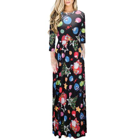 Kvinnor Långärmad Crew Neck Xmas Long Dress Swing Maxiklänningar