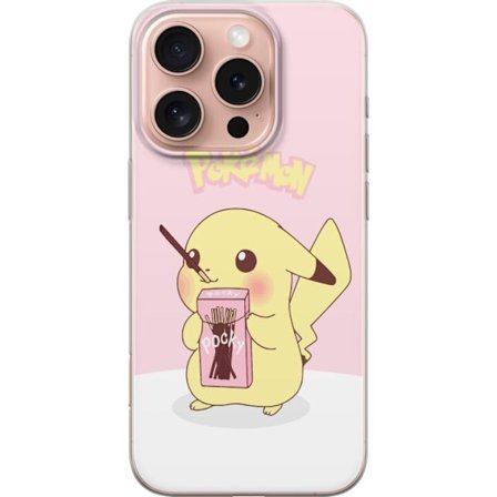 Kompatibel Mobilcover til Apple Apple iPhone 16 Pro Pikachu i pink pastelstil, der holder Pocky sød kawaii illustration med bløde farver og populær
