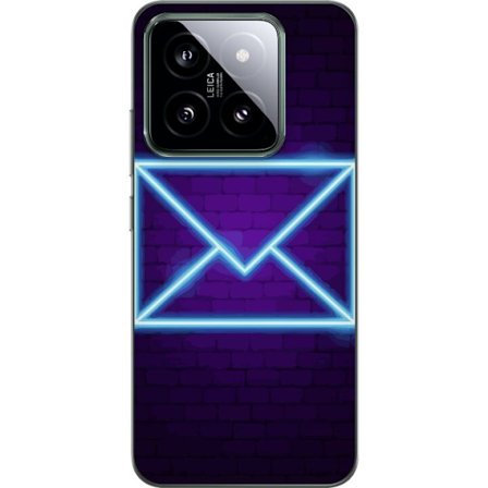 Kompatibel Mobilcover til Xiaomi Xiaomi 14 Neon illustration af kuvert i blåt lys mod lilla teglvæg, moderne symbol for beskeder kommunikation og di