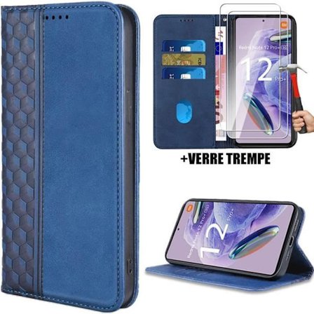 Fodral + 2 härdade glasögon för Xiaomi Redmi Note 12 Pro Plus 5G, marinblått lädereffektskydd (ej för Redmi Note 12 Pro)