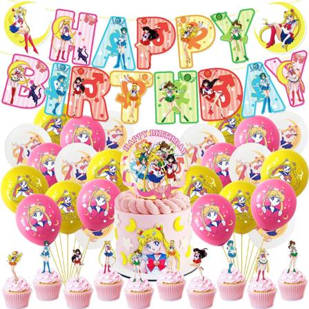 Sailor Girls Moon Festartikler Sett med Happy Birthday Banner, Latex Ballonger, Kakepynt, Cupcake Toppers, Anime Tegneserie Jenter