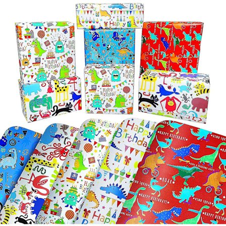 Fødselsdagsgavepapir til børn - 10 ark sødt gavepapir med dyr og dinosaurer