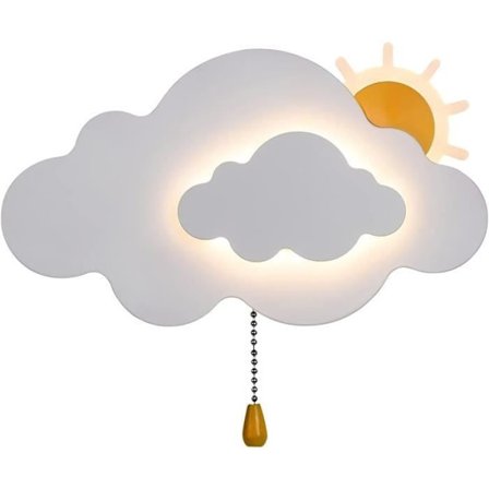 Barnevegglampe med bryter, skyformet vegglampe for soverom, hvit