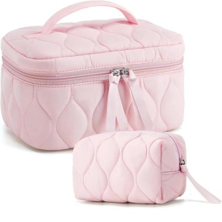 Rejse Makeup Taske, 2-Delt Puffet Quiltet Sød Makeup Taske Kosmetiktasker til Kvinder, Stor Bred Åben Toilet Taske Gaver til Toiletartikler Pink[co]