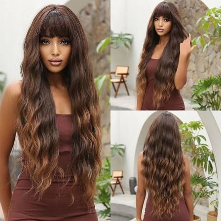 Mordely Straight Bang Extra långt lockigt hår Temperament Big Wave Peruk