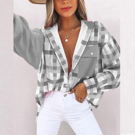 Dam Pocket Lapel Neck Button Down Långärmade Plädade Skjortor