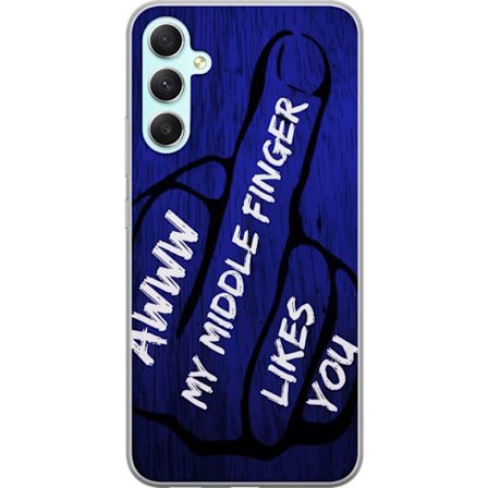 Kompatibelt Mobildeksel til Samsung Galaxy A34 Mørk typografisk illustrasjon med hjerteform og budskap om vennskap mot dyp blå tretekstur