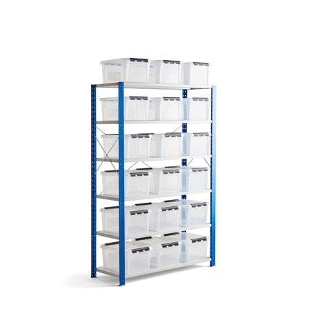 Weitspannregal LEE + MIX, 18 Kunststoffboxen, 2100 x 1300 x 500 mm