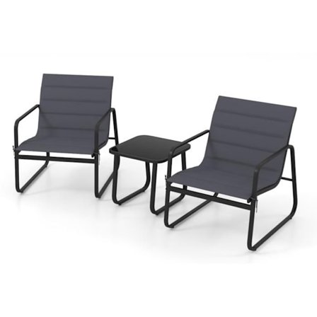 COSTWAY 3-Personers Havemøbel Sæt med Bord og Stole, Aftagelige Puder, Tempereret Glasplade, Åndbare Sæder
