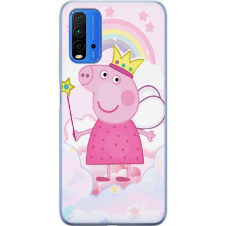 Yhteensopiva Puhelinkuori Xiaomi Redmi Note 9 4G Peppa Pig prinsessamotiivi kruunulla, siivillä ja sateenkaarella, satumainen lasten kuvitus pilvitau