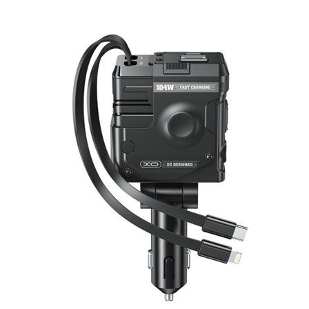 XO Autolaturi, jossa 1xUSB, 1xUSB-C 104W, jossa on sisäänrakennettu USB-C- ja Lightning-kaapeli