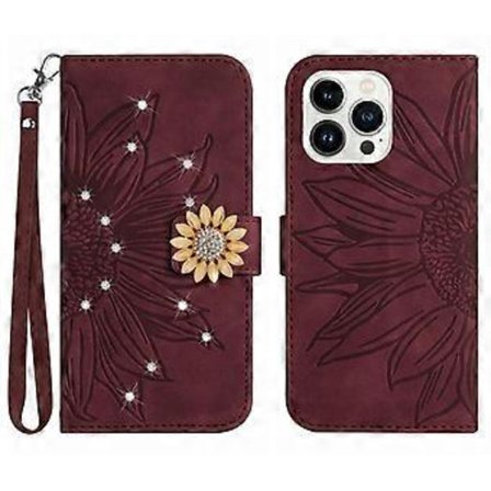 Kompatibel med iPhone 14 Pro Præget solsikke med diamanter Magnetisk kortholder pung telefoncover med kort rem - Vinrød