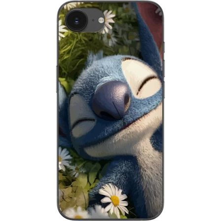 Apple iPhone 16e Gennemsigtig cover Stitch falder fredeligt i søvn i en eng af prestekraver, hvor det bløde lys og naturens ro skaber en varm og afs