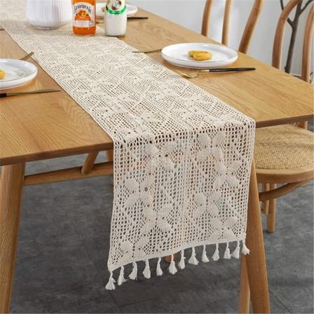 IC Vintage Makramé Bordsløber, Håndlavet Hæklet Spidsbroderi Bordsløber, Boho Bomuldsdug med Kvaster til Bryllupsbord (A. 30 x 200 cm)
